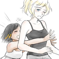 2girls black_hair black_shirt blonde_hair blue_eyes breasts casual child closed_eyes collarbone collision dark_skin dress hair_tubes happy high_ponytail hug hug_from_behind mercy_(overwatch) multiple_girls one_eye_closed open_mouth overwatch pharah_(overwatch) shirt short_hair simple_background sketch small_breasts smile tank_top tuskine_kinase white_background white_dress younger yuri rating:Safe score:0 user:gelbooru