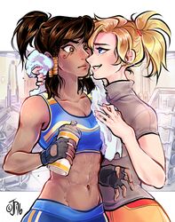 2girls abs blonde_hair blue_eyes bottle brown_eyes brown_hair dark_skin eye_contact gym highres looking_at_another mercy_(overwatch) multiple_girls overwatch pharah_(overwatch) sparklenaut sweat toned towel yuri rating:Safe score:1 user:gelbooru