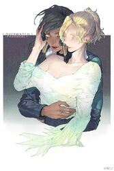 2girls alternate_eye_color bangs bare_shoulders black_hair blonde_hair braid breasts brown_lipstick casual cleavage closed_eyes collarbone colored_eyelashes copyright_name dark_skin earrings eye_of_horus eyelashes facial_mark facial_tattoo hair_tubes hand_on_another's_head hebi_utage hug hug_from_behind interracial jewelry large_breasts lips lipstick long_sleeves looking_at_another makeup mercy_(overwatch) multiple_girls off_shoulder overwatch parted_lips pharah_(overwatch) ponytail red_lips shirt side_braids sidelocks tattoo white_shirt yellow_eyes yuri rating:Safe score:1 user:gelbooru