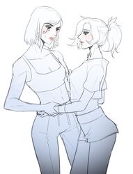 2girls bangs bare_shoulders blue_eyes blush braid breasts brown_eyes collarbone cowboy_shot crop_top eye_of_horus facial_mark facial_tattoo female hair_ornament hair_tie hair_tubes hand_on_another's_hip lips lipstick makeup mercy_(overwatch) midriff multiple_girls navel overwatch pants partially_colored pharah_(overwatch) pink_lips ponytail shirt short_hair shorts side_braid simple_background spot_color sweatdrop tattoo toned white_background white_shirt yuri rating:Safe score:1 user:gelbooru