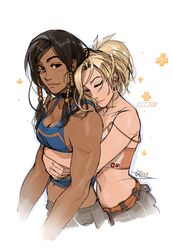 2girls artist_name black_hair blonde_hair braid breasts brown_eyes cleavage closed_eyes crop_top dark_skin earrings eye_of_horus facial_mark facial_tattoo hoop_earrings hug hug_from_behind jewelry looking_at_viewer mercy_(overwatch) midriff mike_nesbitt multiple_girls navel overwatch pharah_(overwatch) signature simple_background small_breasts stomach strap_gap strap_slip tank_top tattoo twin_braids white_background yuri rating:Safe score:6 user:gelbooru