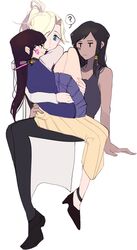 3girls ? black_hair black_legwear blonde_hair blue_eyes braid brown_hair d.va_(overwatch) dark_skin eye_of_horus facial_mark headphones headphones_around_neck high_heels hug long_hair long_skirt long_sleeves mercy_(overwatch) multiple_girls mwo_imma_hwag overwatch pants pharah_(overwatch) pleated_skirt ponytail school_uniform shirt sidelocks simple_background sitting sitting_on_lap sitting_on_person skirt smile tank_top whisker_markings white_background yellow_skirt yuri rating:Safe score:2 user:gelbooru