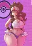 1girl bare_shoulders blue_eyes breasts brown_hair carmessi cleavage curvy erect_nipples grin hat huge_ass large_breasts logo long_hair looking_at_viewer pokemon smile solo standing thick_thighs touko_(pokemon) wall wide_hips rating:Safe score:2 user:gelbooru
