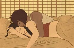 2girls asami_sato avatar:_the_last_airbender bare_shoulders bed black_hair blanket blue_eyes bottomless brown_hair dark_skin hand_in_hair hug hug_from_behind korra lipstick long_hair lying makeup multiple_girls on_side pillow short_hair tank_top the_legend_of_korra yuri rating:Safe score:2 user:gelbooru