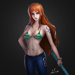 1girl bikini breasts cleavage long_hair lt nami_(one_piece) one_piece orange_hair solo swimsuit rating:Safe score:0 user:gelbooru