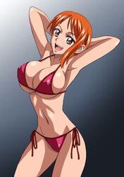 1girl armpits arms_up bikini brown_eyes female happy nami_(one_piece) nel-zel_formula one_piece open_mouth orange_hair side-tie_bikini smile solo standing swimsuit teeth tongue rating:Safe score:2 user:gelbooru
