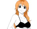 1girl bikini nami_(one_piece) one_piece orange_hair simple_background solo swimsuit rating:Safe score:1 user:gelbooru