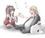 2girls animal_costume ao_usagi blonde_hair blush bottle braid brown_hair cosplay detached_sleeves hakurei_reimu intermission kigurumi kirisame_marisa multiple_girls panda panda_costume sarashi sweat touhou translated water_bottle rating:Safe score:1 user:Gelbooru