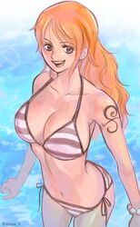 1girl bikini bracelet brown_eyes earrings female jewelry long_hair nami_(one_piece) one_piece orange_hair smile solo swimsuit tattoo two-tone_stripes water rating:Safe score:0 user:gelbooru