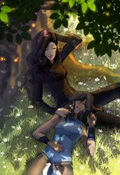 2girls artist_request asami_sato avatar:_the_last_airbender black_hair blue_eyes brown_hair closed_eyes couple curly_hair dark_skin eyeshadow flower grass korra lap_pillow lying makeup multiple_girls sitting smile the_legend_of_korra tree wristband yuri rating:Safe score:1 user:gelbooru