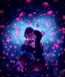 2girls asami_sato avatar:_the_last_airbender black_hair butterfly closed_eyes curly_hair dark_skin elbow_gloves fireflies flower gloves iahfy incipient_kiss kneeling korra lalou multiple_girls pelt the_legend_of_korra undressing yuri rating:Safe score:1 user:gelbooru