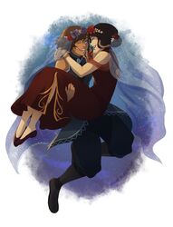 2girls alternate_costume asami_sato avatar:_the_last_airbender bare_shoulders black_hair boots brown_hair carrying closed_eyes dark_skin dress eyeshadow flower hair_bun hair_flower hair_ornament happy korra lipstick makeup multiple_girls nymre one_eye_closed princess_carry red_lipstick short_hair sleeveless sleeveless_dress smile the_legend_of_korra veil yuri rating:Safe score:2 user:gelbooru