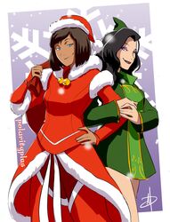 2girls arm_hug asami_sato avatar:_the_last_airbender bag bell black_hair blue_hair brown_hair christmas couple daniel_macgregor dark_skin eyeshadow fur_trim hat korra lipstick looking_at_viewer makeup multiple_girls red_lipstick santa_costume santa_hat short_hair smile smirk snowing the_legend_of_korra yuri rating:Safe score:2 user:gelbooru
