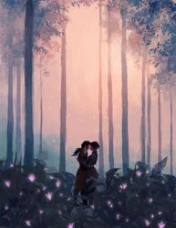 2girls asami_sato avatar:_the_last_airbender bao-haus closed_eyes couple dark_skin elbow_gloves flower forest gloves glowing hug korra multiple_girls nature ponytail scenery short_hair sleeveless spoilers the_legend_of_korra tree yuri rating:Safe score:3 user:gelbooru