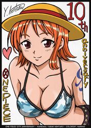 1girl bikini bikini_top breasts cleavage colored copyright_name female hat midriff nami_(one_piece) one_piece orange_hair photoshop short_hair skypiea solo straw_hat swimsuit tattoo white_background yabuki_kentarou rating:Safe score:2 user:gelbooru