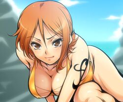 1girl aqua_background bikini breasts brown_eyes cleavage female hairu huge_breasts large_breasts nami_(one_piece) one_piece orange_bikini orange_hair shiny short_hair solo swimsuit tattoo rating:Safe score:9 user:gelbooru