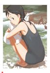 1girl black_eyes black_hair breasts feet from_behind highres looking_at_viewer looking_back one-piece_swimsuit original river sandals school_swimsuit shore small_breasts solo squatting swimsuit takamichi towel twintails wet rating:Safe score:1 user:gelbooru