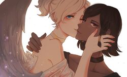 2girls angel_wings bangs bare_shoulders black_choker black_shirt blonde_hair blue_eyes braid brown_hair choker closed_mouth collarbone couple dark_skin dress eye_of_horus eyelashes eyeliner face-to-face facial_mark facial_tattoo feathered_wings female fingernails hair_tubes hand_on_another's_back hand_on_another's_face interracial kiss lips long_fingernails looking_at_viewer makeup mercy_(overwatch) multiple_girls mutual_yuri neck off_shoulder one_eye_closed overwatch perio_67 pharah_(overwatch) pink_lips ponytail red_eyes shirt short_hair side_braids simple_background sleeveless sleeveless_dress smile spread_wings tattoo upper_body white_background white_dress wings wink yellow_choker yuri rating:Safe score:1 user:gelbooru