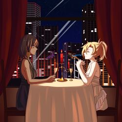 4girls bare_shoulders black_dress black_hair blonde_hair building candelabra candle chair closed_eyes cup curtains dark_skin dress drinking_glass mercy_(overwatch) multiple_girls nyasa overwatch pharah_(overwatch) ponytail short_hair sitting skyscraper smile table tracer_(overwatch) white_dress widowmaker_(overwatch) window wine_glass yuri rating:Safe score:0 user:gelbooru