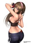 1girl arm_up ass back bare_arms blue_eyes breasts brown_hair butt_crack curvy dead_or_alive denim fingerless_gloves gloves hairband hitomi_(doa) jeans long_hair pants pink_hairband ryu_(ryu's_former_site) sideboob simple_background sleeveless slender_waist solo standing tecmo white_background rating:Safe score:2 user:gelbooru