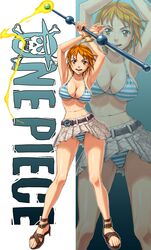 1girl armpits arms_up belt bikini blush bra bracelet breasts cleavage clima-tact copyright_name feet female fighting_stance full_body highres jewelry large_breasts midriff miniskirt nami_(one_piece) nigou no_socks one_piece orange_hair panties pantyshot plaid plaid_skirt pleated_skirt red_eyes redhead sandals short_hair skirt solo standing striped striped_panties swimsuit underwear upskirt wand zoom_layer rating:Safe score:2 user:gelbooru