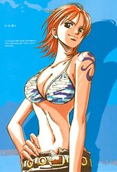 1girl belt bikini bikini_top black_eyes breasts camouflage cleavage female hand_on_hip hips inoue_eisaku large_breasts midriff nami_(one_piece) one_piece orange_hair redhead short_hair skypiea smile solo swimsuit tattoo rating:Safe score:2 user:gelbooru