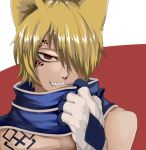  1boy bare_chest blond_hair cat_ears demon e facial_mark fairy_tail fangs gloves jackal_(fairy_tail) male_focus red_eyes scarf simple_background tattoo  rating:safe score: user:narak