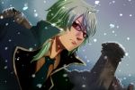  1boy dutch_angle e fairy_tail frown glasses green_hair high_collar invel_yura long_hair looking_at_viewer male_focus necktie red_eyes snow suit  rating:safe score: user:narak