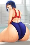 1girl aqua_eyes ass blue_hair competition_swimsuit highres huge_ass kanon_(ayaka666) looking_at_viewer looking_back one-piece_swimsuit original parted_lips short_hair solo swimsuit thick_thighs thighs wet rating:Safe score:0 user:gelbooru