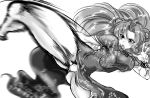  1girl ahoge alternate_costume alternate_hairstyle bangs bell bouncing_breasts breasts china_dress chinese_clothes double_bun dress floral_print focused fox_udon gluteal_fold greyscale hand_up hong_meiling kicking leg_up legs long_hair looking_to_the_side monochrome motion_blur motion_lines muscle muscular_female panties pantyshot pelvic_curtain shiny shiny_hair short_sleeves shouting solo taut_clothes taut_dress thighs touhou underwear very_long_hair wrist_cuffs  rating:safe score: user:gelbooru