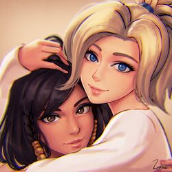 2girls bangs black_hair blonde_hair blue_eyes braid brown_eyes casual closed_mouth couple dark_skin eye_of_horus eyelashes eyeliner eyeshadow facial_mark facial_tattoo female hair_ornament hair_tubes hand_on_another's_head highres hug interracial lips lipstick long_sleeves looking_at_viewer makeup mascara medium_hair mercy_(overwatch) multiple_girls neck nose overwatch parted_lips pharah_(overwatch) pink_lips pink_lipstick ponytail shirt short_hair side_braids signature smile swept_bangs tattoo umigraphics upper_body white_shirt yuri rating:Safe score:3 user:gelbooru