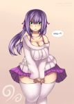 1girl bare_shoulders blush bra_strap breasts cleavage commentary green_eyes hair_ribbon highres large_breasts long_hair looking_at_viewer open_mouth pixiveo plump purple_hair ribbon simple_background skirt solo standing sweater thick_thighs thigh-highs thighs wide_hips  rating:safe score: user:gelbooru