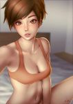 1girl bangs bare_arms bare_legs bare_shoulders bed bed_sheet bra breasts brown_eyes brown_hair cleavage collarbone ear_piercing eyelashes freckles indoors knee_up lips looking_at_viewer medium_breasts midriff navel navel_piercing nose on_bed orange_bra overwatch parted_lips piercing pink_lips pose self_shot short_hair signature sitting sitting_on_bed sleeveless solo spiky_hair sports_bra stomach swept_bangs taking_picture teeth tracer_(overwatch) umigraphics underwear upper_body rating:Safe score:5 user:gelbooru