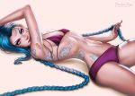 1girl absurdres arched_back arm_up artist_name bare_arms bare_legs bare_shoulders bikini blue_hair braid breasts bullet bullet_necklace dandon_fuga eyelashes facebook_username fingernails hand_on_head highres holding holding_hair huge_filesize jewelry jinx_(league_of_legends) league_of_legends lipstick long_fingernails long_hair looking_at_viewer lying makeup mascara midriff nail_polish navel necklace nose on_back parted_lips pink_eyes pink_nails pinky_out purple_bikini purple_lips purple_lipstick shoulder_tattoo small_breasts smile solo stomach stomach_tattoo strap_gap swimsuit tattoo teeth twin_braids very_long_hair violet_eyes watermark web_address rating:Safe score:5 user:gelbooru
