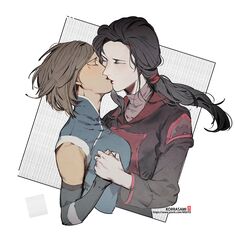 2girls asami_sato avatar_legends black_hair blonde_hair closed_eyes couple elbow_gloves gloves hand_holding kiss korra muito multiple_girls ponytail short_hair sleeveless the_legend_of_korra upper_body yuri rating:Safe score:1 user:gelbooru