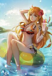 1girl bikini breasts cleavage day dywx_poison flower groin hair_flower hair_ornament hand_in_hair hibiscus innertube island large_breasts long_hair nami_(one_piece) navel ocean one_piece orange_hair outdoors red_flower side-tie_bikini sideboob sitting soaking_feet solo striped striped_bikini swimsuit transparent under_boob very_long_hair rating:Safe score:2 user:gelbooru