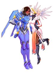 2girls ahoge arm_behind_back biting black_hair blonde_hair blue_eyes blush bodysuit breasts brown_eyes brown_legwear daenkot dark_skin emblem eye_of_horus facial_mark facial_tattoo faulds full_body greaves hair_tie hair_tubes heart_ahoge high_ponytail highres leaning_forward lip_biting looking_at_another looking_at_viewer mechanical_halo mechanical_wings medium_breasts mercy_(overwatch) multiple_girls no_headwear no_helmet overwatch pantyhose pelvic_curtain pharah_(overwatch) power_armor side_braids simple_background smile standing standing_on_one_leg swiss_flag tattoo white_background wings yuri rating:Safe score:0 user:gelbooru