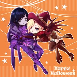 2girls alternate_costume black_hair blonde_hair blue_eyes book breasts brown_eyes brown_gloves capelet chibi earrings elbow_gloves empty_eyes eye_of_horus facial_mark facial_tattoo full_body gloves grey_skin hair_over_one_eye hair_tubes halloween halloween_costume hand_holding happy_halloween hat jack-o'-lantern jack-o'-lantern_earrings jewelry looking_at_another looking_at_viewer m-musume_(catbagel) mechanical_wings medium_breasts mercy_(overwatch) multiple_girls no_headwear no_helmet one_leg_raised orange_background outline overwatch pelvic_curtain pharah_(overwatch) possessed_pharah power_armor short_sleeves side_braids star tattoo thigh-highs wings witch witch_hat witch_mercy yuri rating:Safe score:0 user:gelbooru