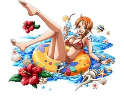1girl :d ahoge barefoot bikini bodskih breasts brown_eyes brown_hair cleavage earrings innertube jewelry large_breasts nami_(one_piece) navel one_piece open_mouth short_hair smile solo swimsuit transparent_background rating:Safe score:1 user:gelbooru
