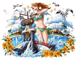 1girl ;d bikini bird bodskih bracelet breasts brown_eyes brown_hair cleavage floating_hair flower green_bikini hibiscus jewelry large_breasts long_hair nami_(one_piece) navel one_eye_closed one_piece open_mouth orange_flower outdoors ponytail shiny shiny_skin sideboob smile solo standing swimsuit transparent_background under_boob water white_flower rating:Safe score:2 user:gelbooru