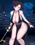 >:) 1girl alternate_costume bare_legs bare_shoulders bat_signal batman_(series) black_dress blush bracelet breasts brown_eyes brown_hair capcom china_dress chinese_clothes chun-li city cleavage closed_mouth collarbone curvy double_bun dress earrings female hair_ribbon holding holding_weapon huge_breasts jewelry kainkout keyblade looking_at_viewer night no_bra parody pelvic_curtain rain ribbon shiny_skin short_hair sky smile solo spiked_bracelet spikes street_fighter street_fighter_iv street_fighter_iv_(series) thighs weapon wide_hips rating:Questionable score:4 user:gelbooru