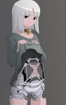 1girl android collar embarrassed highres lifted_by_self looking_at_viewer original shirt_lift simple_background solo sukabu white_hair rating:Safe score:0 user:gelbooru