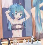 1girl adjusting_hair ahoge amm aqua_hair armpits arms_up bangs blurry bra breasts cat_cutout cleavage_cutout depth_of_field green_eyes hatsune_miku long_hair mirror mouth_hold navel reflection sink small_breasts solo toothbrush twintails underwear vocaloid rating:Safe score:2 user:gelbooru