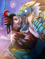 2girls absurdres alternate_costume alternate_hairstyle armor backless_outfit blue_eyes blurry blurry_background brown_hair dark_skin depth_of_field eye_contact face-to-face facial_mark fireworks forehead_mark from_side gauntlets glowing glowing_eyes hair_bun hair_ornament hair_stick halterneck hand_on_another's_back hand_on_another's_face helmet highres hug imminent_kiss lips lipstick long_sleeves looking_at_another makeup mercy_(overwatch) multiple_girls night nika_(nikanono) outdoors overwatch parted_lips pharah_(overwatch) red_lipstick signature smile upper_body wide_sleeves yuri zhuque_mercy rating:Safe score:0 user:gelbooru