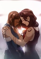 2girls asami_sato avatar_legends black_hair bracelet brown_hair closed_eyes couple detached_sleeves dress forehead-to-forehead hands_on_another's_shoulders jewelry korra mike_nesbitt multiple_girls nail_polish red_dress short_hair the_legend_of_korra upper_body yuri rating:Safe score:2 user:gelbooru