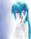 1girl aqua_hair blue_eyes breasts closed_mouth erect_nipples gradient gradient_background hatsune_miku highres kowiru long_hair profile small_breasts solo twintails vocaloid rating:Safe score:1 user:gelbooru