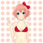  1girl belly_button bikini bikini_top blue_eyes blush bow cute doki_doki_literature_club hair_bow kerrr polka_dot polka_dot_background red_bikini ribbon sayori_(doki_doki_literature_club) smile solo swimsuit tagme v v_sign  rating:safe score: user:kereaker