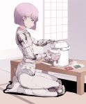1girl android commentary_request food highres noodles original parts_exposed pink_hair purple_hair ramen ramen robot_girl sitting sketch smile solo sukabu table violet_eyes wariza water rating:Safe score:3 user:gelbooru