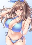 1girl bangs bare_arms bare_shoulders bikini blush bow breasts brown_hair cleavage collarbone commentary_request eyebrows_visible_through_hair gradient gradient_background hair_bow hands_up highres idolmaster idolmaster_shiny_colors large_breasts long_hair looking_at_viewer navel shouji_nigou side-tie_bikini simple_background smile solo swimsuit tsukioka_kogane violet_eyes rating:Safe score:-1 user:gelbooru