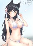 1girl alternate_costume animal_ears arm_support atago_(azur_lane) azur_lane bangs bikini black_hair blush breasts brown_eyes cleavage closed_mouth dated eyebrows_visible_through_hair gloves groin hair_ornament hair_ribbon large_breasts legs_crossed long_hair looking_at_viewer mole mole_under_eye navel playing_with_own_hair ponytail ribbon shiny shiny_skin signature sitting smile solo stomach swept_bangs swimsuit tareme twitter_username unel very_long_hair white_bikini rating:Safe score:2 user:gelbooru